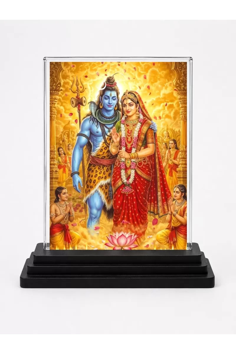 Shiva And Parvati Acrylic Car Dashboard Showpiece | Double-Sided Shiva And Parvati Photo Stand | 3 X 4 Inch Photo | Transparent Acrylic Frame With Black Base | Car Dashboard, Office & Table Decor (F72325)