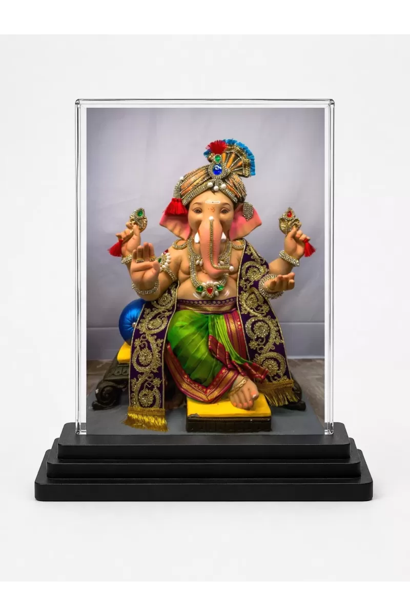 God Ganesha Acrylic Car Dashboard Showpiece | Double-Sided God Ganesha Photo Stand | 3 X 4 Inch Photo | Transparent Acrylic Frame With Black Base | Car Dashboard, Office & Table Decor (F72327)