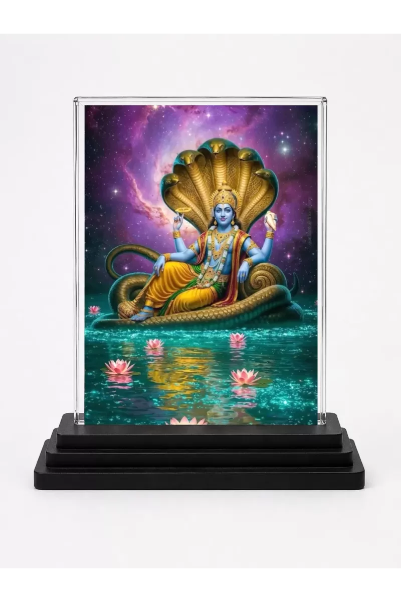 Vishnu Acrylic Car Dashboard Showpiece | Double-Sided Vishnu Photo Stand | 3 X 4 Inch Photo | Transparent Acrylic Frame With Black Base | Car Dashboard, Office & Table Decor (F72328)
