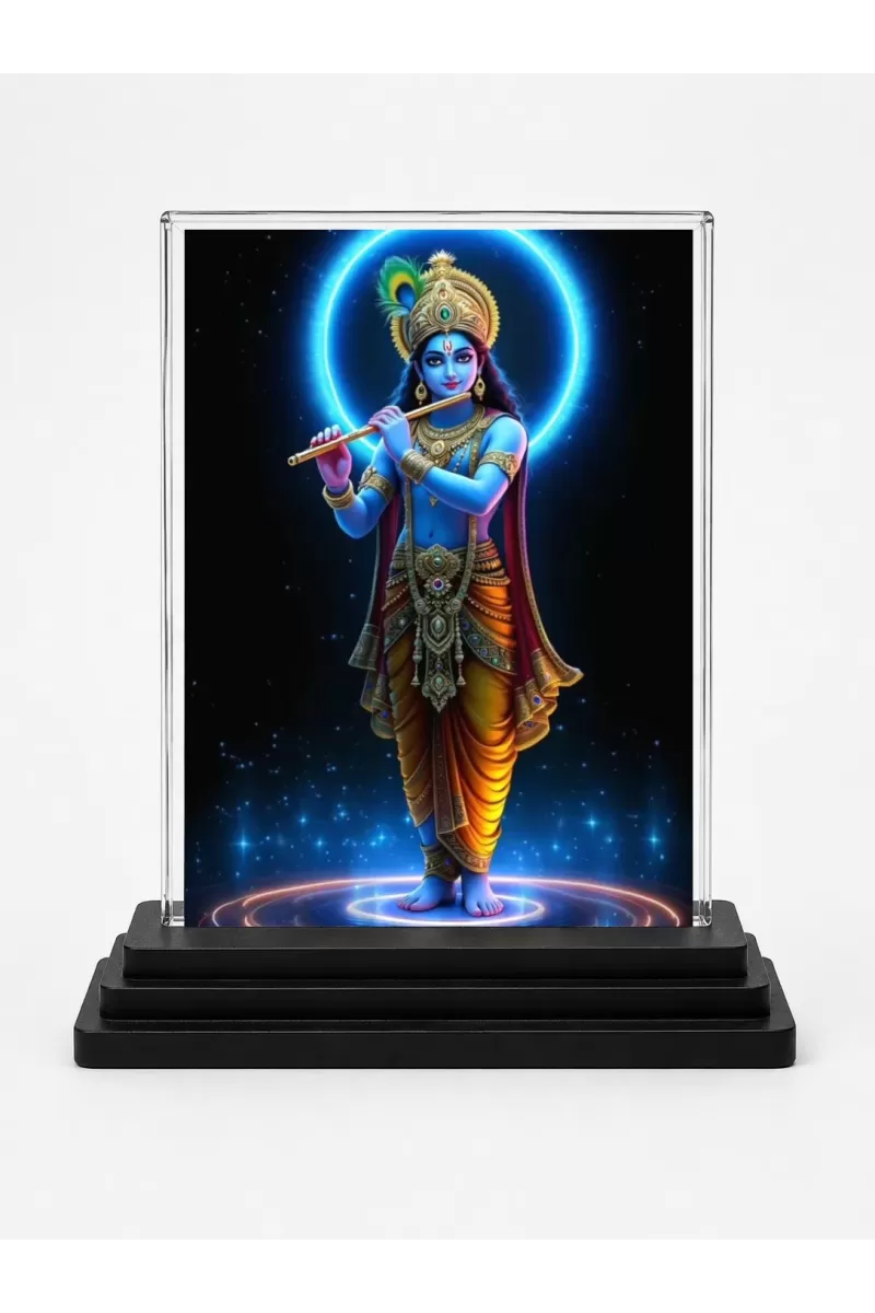 Lord Krishna Acrylic Car Dashboard Showpiece | Double-Sided Lord Krishna Photo Stand | 3 X 4 Inch Photo | Transparent Acrylic Frame With Black Base | Car Dashboard, Office & Table Decor (F72329)