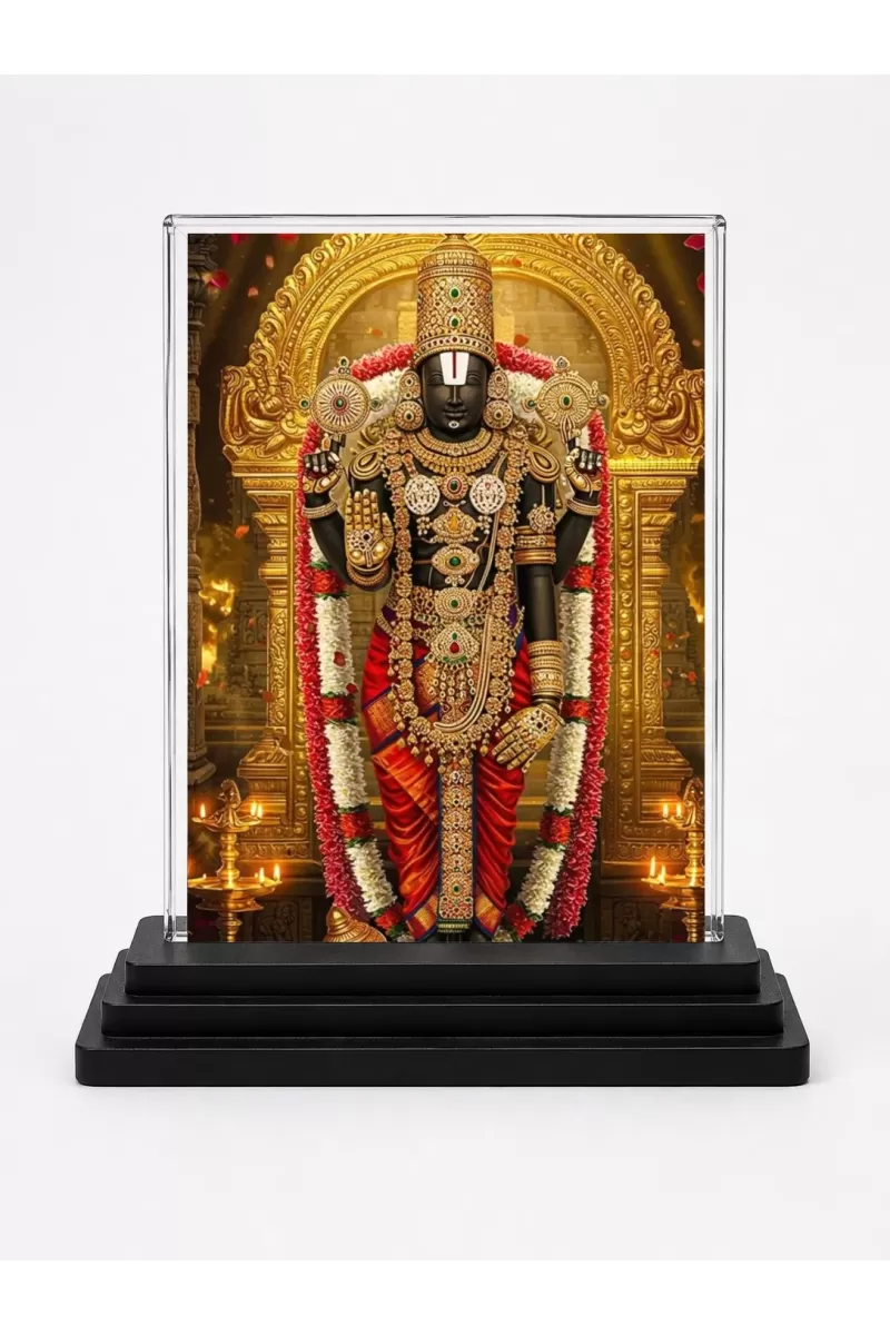 Venkateswara Acrylic Car Dashboard Showpiece | Double-Sided Venkateswara Photo Stand | 3 X 4 Inch Photo | Transparent Acrylic Frame With Black Base | Car Dashboard, Office & Table Decor (F72333)