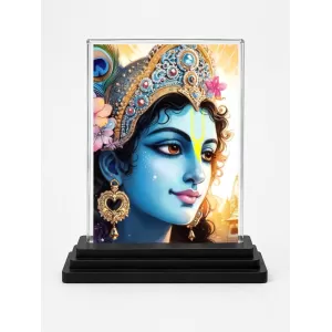 Shree Krishna Acrylic Car Dashboard Showpiece | Double-Sided Shree Krishna Photo Stand | 3 X 4 Inch Photo | Transparent Acrylic Frame With Black Base | Car Dashboard, Office & Table Decor (F72337)