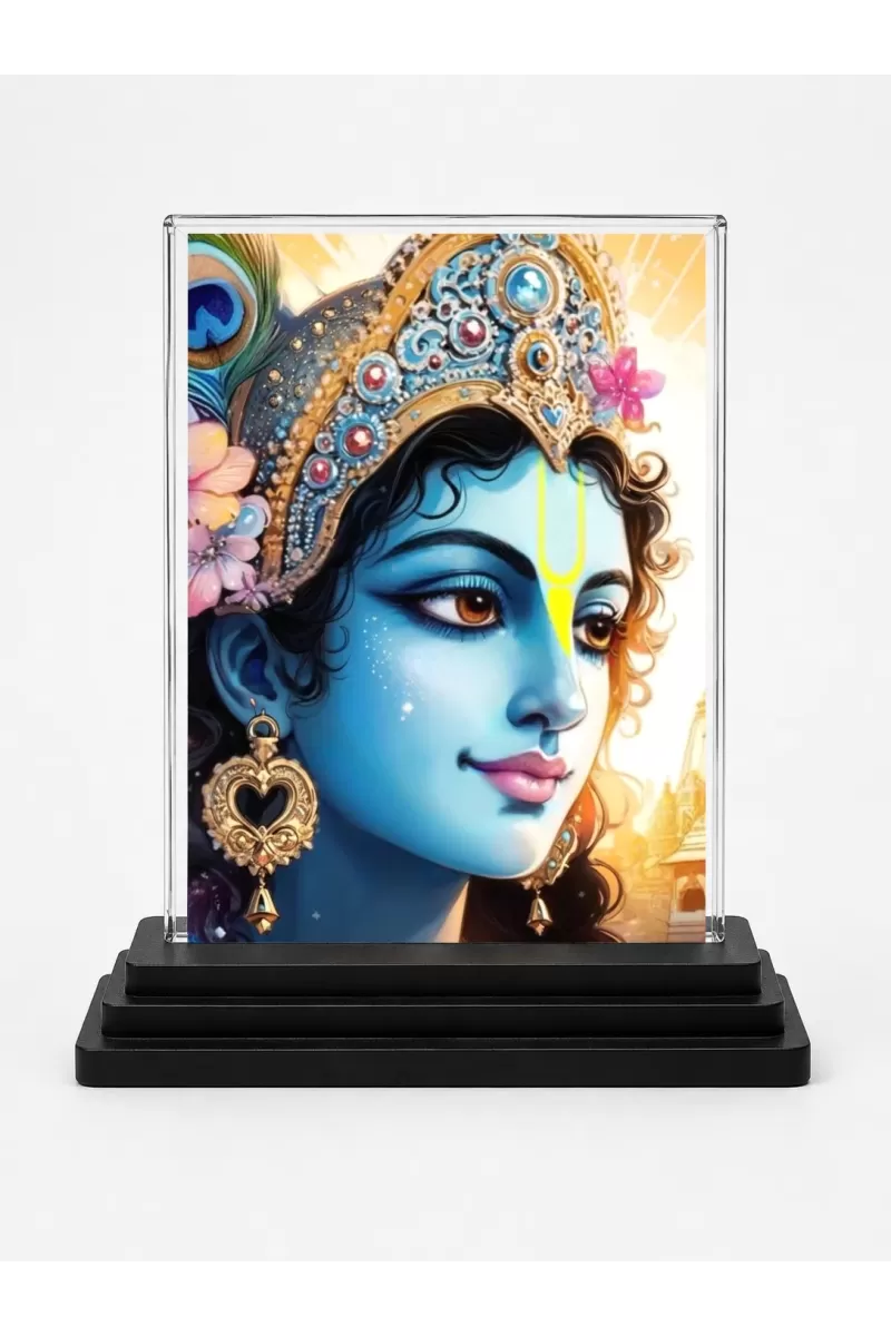 Shree Krishna Acrylic Car Dashboard Showpiece | Double-Sided Shree Krishna Photo Stand | 3 X 4 Inch Photo | Transparent Acrylic Frame With Black Base | Car Dashboard, Office & Table Decor (F72337)