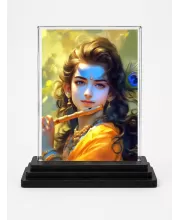 Lord Shree Krishna Acrylic Car Dashboard Showpiece | Double-Sided Lord Shree Krishna Photo Stand | 3 X 4 Inch Photo | Transparent Acrylic Frame With Black Base | Car Dashboard, Office & Table Decor (F72338)