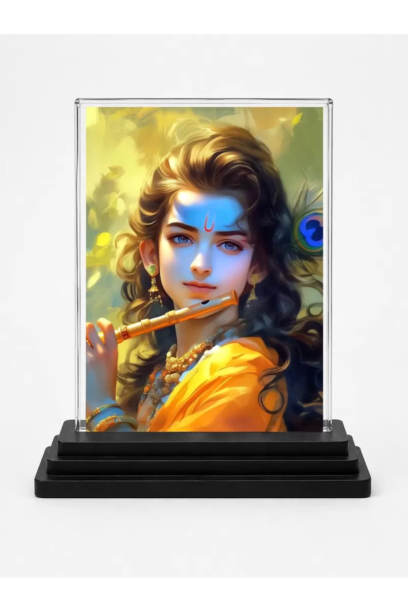 Lord Shree Krishna Acrylic Car Dashboard Showpiece | Double-Sided Lord Shree Krishna Photo Stand | 3 X 4 Inch Photo | Transparent Acrylic Frame With Black Base | Car Dashboard, Office & Table Decor (F72338)