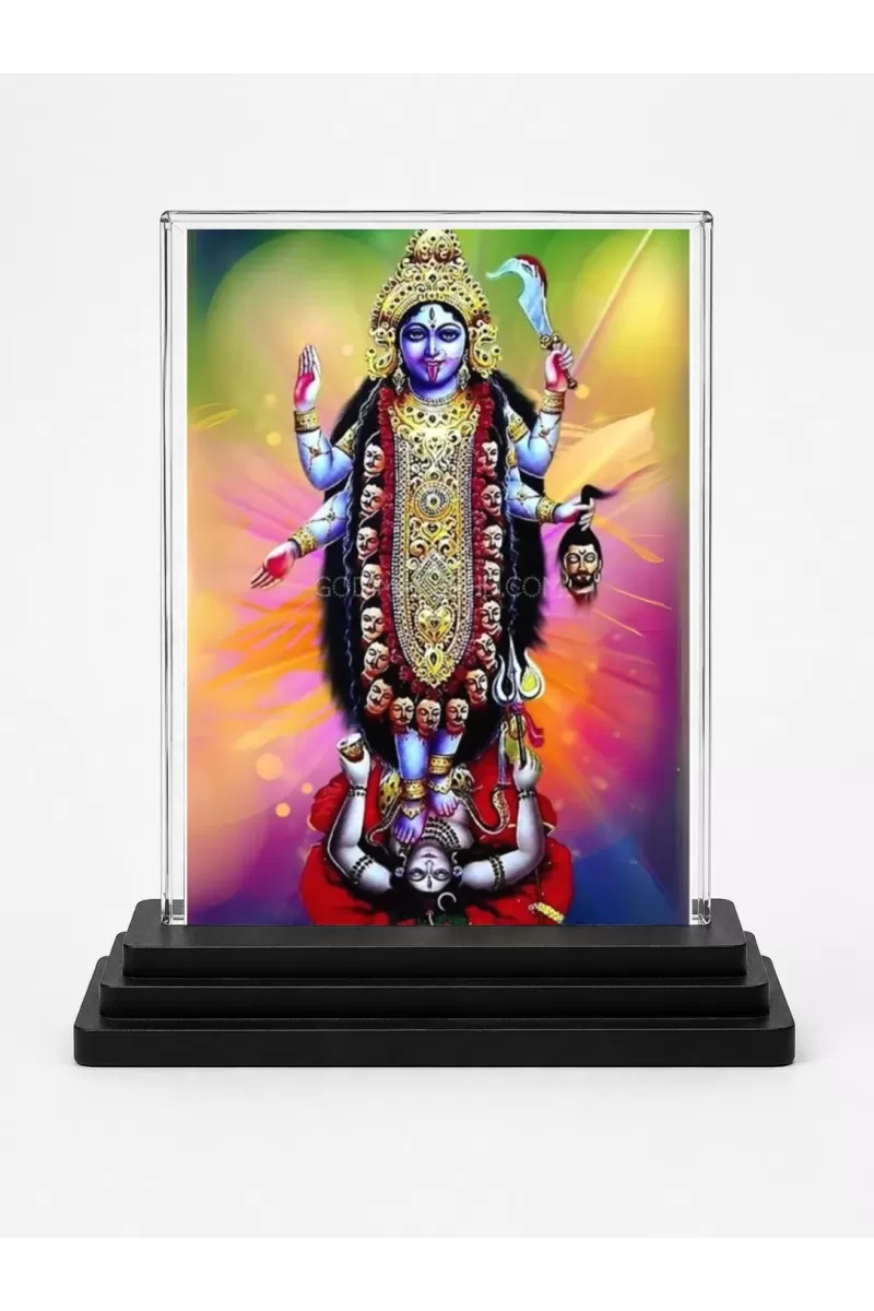 Maa Kaali Acrylic Car Dashboard Showpiece | Double-Sided Maa Kaali Photo Stand | 3 X 4 Inch Photo | Transparent Acrylic Frame With Black Base | Car Dashboard, Office & Table Decor (F72339)