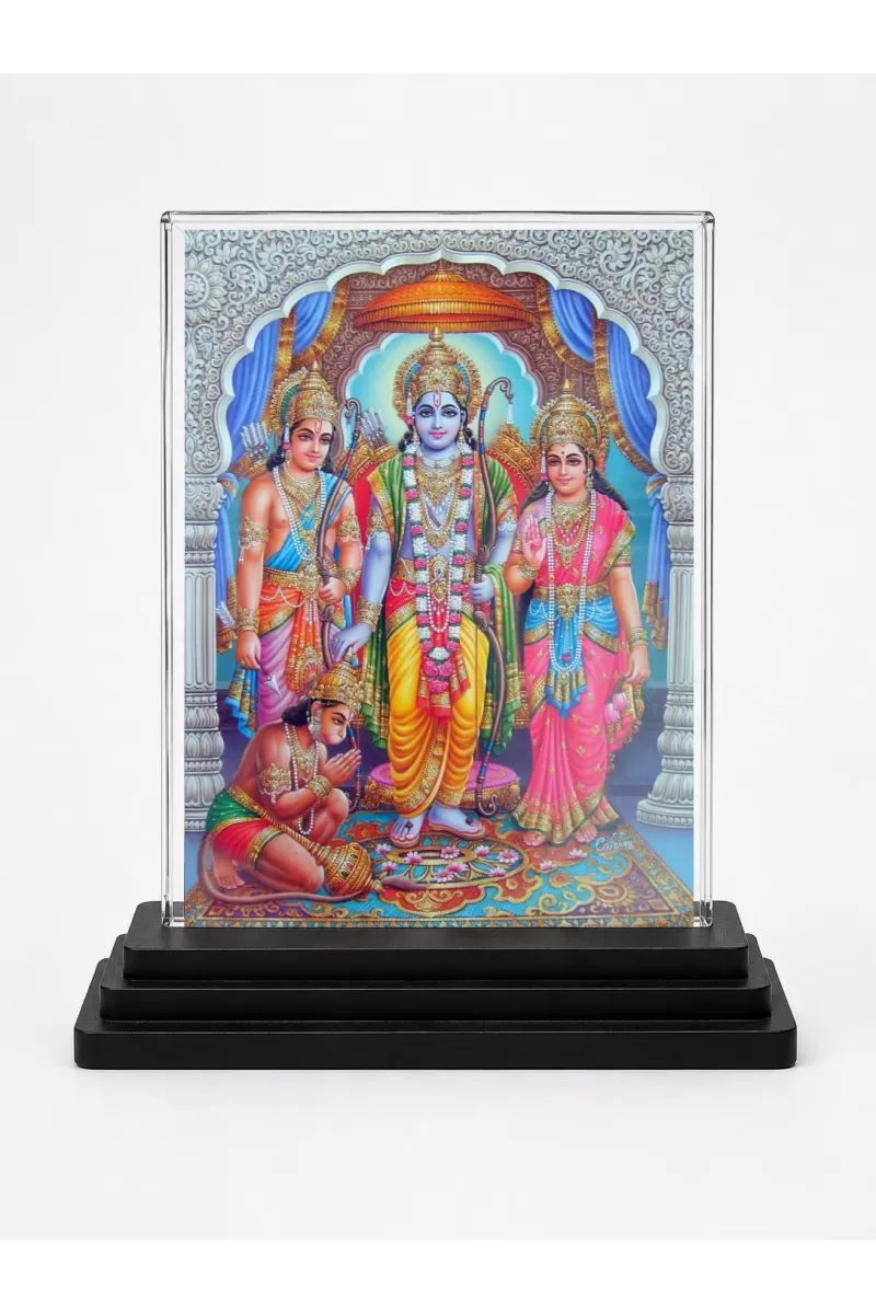 Lord Ram Darbar Acrylic Car Dashboard Showpiece | Double-Sided Lord Ram Darbar Photo Stand | 3 X 4 Inch Photo | Transparent Acrylic Frame With Black Base | Car Dashboard, Office & Table Decor (F72342)
