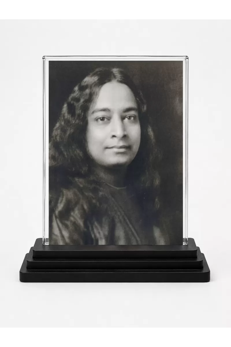 Shree Shree Yogodananda Acrylic Car Dashboard Showpiece | Double-Sided Shree Shree Yogodananda Photo Stand | 3 X 4 Inch Photo | Transparent Acrylic Frame With Black Base | Car Dashboard, Office & Table Decor (F72343)