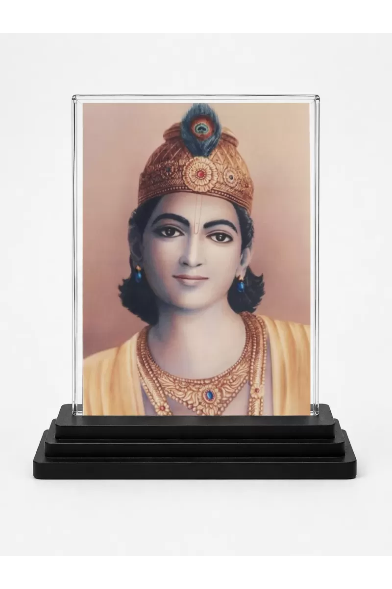 Lord Shree Krishna Acrylic Car Dashboard Showpiece | Double-Sided Lord Shree Krishna Photo Stand | 3 X 4 Inch Photo | Transparent Acrylic Frame With Black Base | Car Dashboard, Office & Table Decor (F72344)