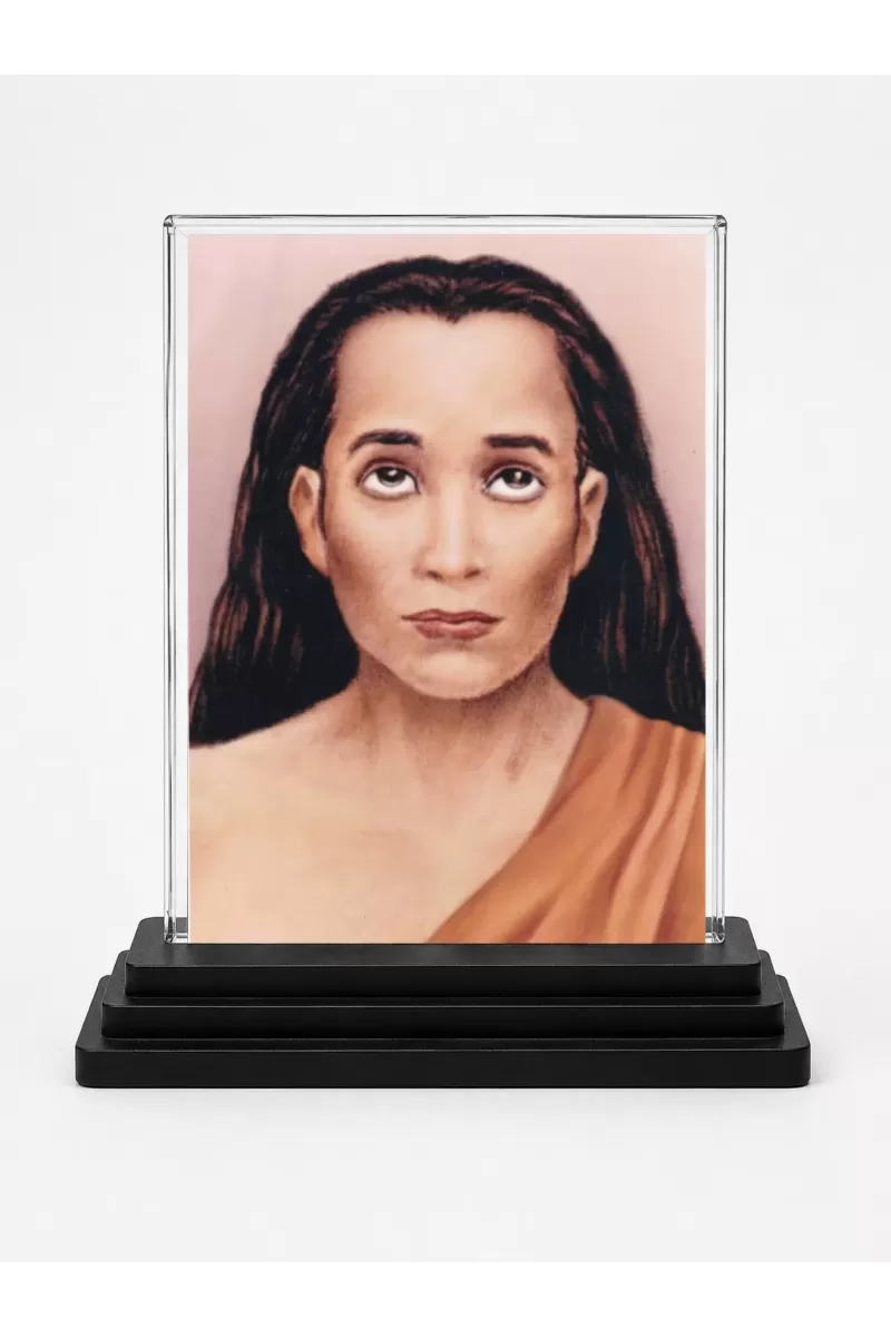 Maha Avatar Babaji Acrylic Car Dashboard Showpiece | Double-Sided Maha Avatar Babaji Photo Stand | 3 X 4 Inch Photo | Transparent Acrylic Frame With Black Base | Car Dashboard, Office & Table Decor (F72345)