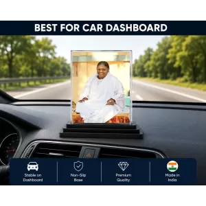 Mata Amritanandamayi (Amma) Acrylic Car Dashboard Showpiece | Double-Sided Mata Amritanandamayi (Amma) Photo Stand | 3 X 4 Inch Photo | Transparent Acrylic Frame With Black Base | Car Dashboard, Office & Table Decor (F71072)
