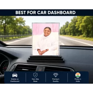 Mata Amritanandamayi (Amma) Acrylic Car Dashboard Showpiece | Double-Sided Mata Amritanandamayi (Amma) Photo Stand | 3 X 4 Inch Photo | Transparent Acrylic Frame With Black Base | Car Dashboard, Office & Table Decor (F71074)