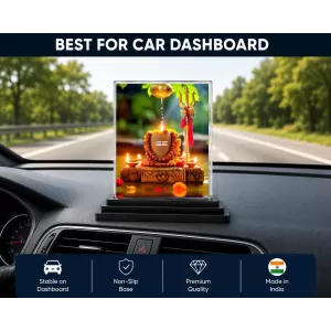Shiv Linga Acrylic Car Dashboard Showpiece | Double-Sided Shiv Linga Photo Stand | 3 X 4 Inch Photo | Transparent Acrylic Frame With Black Base | Car Dashboard, Office & Table Decor (F72075)