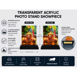 Shiv Linga Acrylic Car Dashboard Showpiece | Double-Sided Shiv Linga Photo Stand | 3 X 4 Inch Photo | Transparent Acrylic Frame With Black Base | Car Dashboard, Office & Table Decor (F72075)
