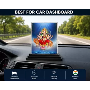 Goddess Durga Acrylic Car Dashboard Showpiece | Double-Sided Goddess Durga Photo Stand | 3 X 4 Inch Photo | Transparent Acrylic Frame With Black Base | Car Dashboard, Office & Table Decor (F70988)