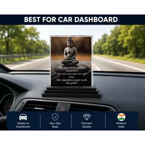 Gautama Buddha Acrylic Car Dashboard Showpiece | Double-Sided Gautama Buddha Photo Stand | 3 X 4 Inch Photo | Transparent Acrylic Frame With Black Base | Car Dashboard, Office & Table Decor (F71163)