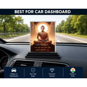 Gautama Buddha Acrylic Car Dashboard Showpiece | Double-Sided Gautama Buddha Photo Stand | 3 X 4 Inch Photo | Transparent Acrylic Frame With Black Base | Car Dashboard, Office & Table Decor (F71170)
