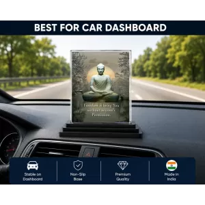 Gautama Buddha Acrylic Car Dashboard Showpiece | Double-Sided Gautama Buddha Photo Stand | 3 X 4 Inch Photo | Transparent Acrylic Frame With Black Base | Car Dashboard, Office & Table Decor (F71214)