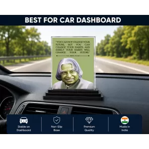 A.P.J. Abdul Kalam Acrylic Car Dashboard Showpiece | Double-Sided A.P.J. Abdul Kalam Photo Stand | 3 X 4 Inch Photo | Transparent Acrylic Frame With Black Base | Car Dashboard, Office & Table Decor (F71280)