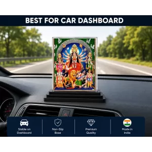 Goddess Durga Acrylic Car Dashboard Showpiece | Double-Sided Goddess Durga Photo Stand | 3 X 4 Inch Photo | Transparent Acrylic Frame With Black Base | Car Dashboard, Office & Table Decor (F71302)