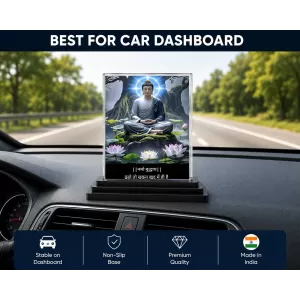 Gautama Buddha Acrylic Car Dashboard Showpiece | Double-Sided Gautama Buddha Photo Stand | 3 X 4 Inch Photo | Transparent Acrylic Frame With Black Base | Car Dashboard, Office & Table Decor (F71561)