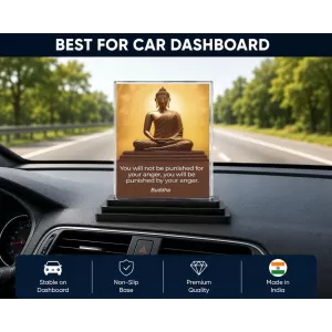 Gautama Buddha Acrylic Car Dashboard Showpiece | Double-Sided Gautama Buddha Photo Stand | 3 X 4 Inch Photo | Transparent Acrylic Frame With Black Base | Car Dashboard, Office & Table Decor (F71634)