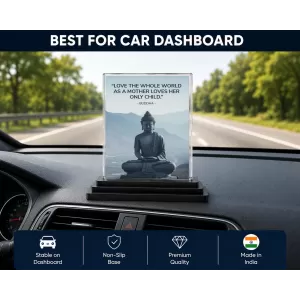 Gautama Buddha Acrylic Car Dashboard Showpiece | Double-Sided Gautama Buddha Photo Stand | 3 X 4 Inch Photo | Transparent Acrylic Frame With Black Base | Car Dashboard, Office & Table Decor (F71635)