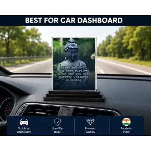 Gautama Buddha Acrylic Car Dashboard Showpiece | Double-Sided Gautama Buddha Photo Stand | 3 X 4 Inch Photo | Transparent Acrylic Frame With Black Base | Car Dashboard, Office & Table Decor (F71636)