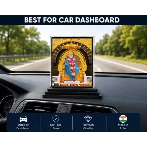 Sai Baba Acrylic Car Dashboard Showpiece | Double-Sided Sai Baba Photo Stand | 3 X 4 Inch Photo | Transparent Acrylic Frame With Black Base | Car Dashboard, Office & Table Decor (F71754)