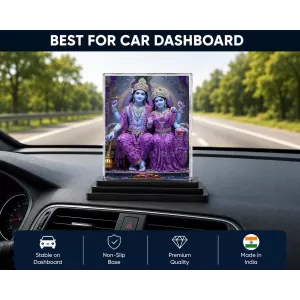 Radha Krishna Acrylic Car Dashboard Showpiece | Double-Sided Radha Krishna Photo Stand | 3 X 4 Inch Photo | Transparent Acrylic Frame With Black Base | Car Dashboard, Office & Table Decor (F71818)