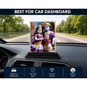 Radha Krishna Acrylic Car Dashboard Showpiece | Double-Sided Radha Krishna Photo Stand | 3 X 4 Inch Photo | Transparent Acrylic Frame With Black Base | Car Dashboard, Office & Table Decor (F71838)