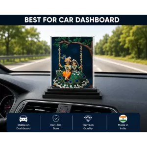 Radha Krishna Acrylic Car Dashboard Showpiece | Double-Sided Radha Krishna Photo Stand | 3 X 4 Inch Photo | Transparent Acrylic Frame With Black Base | Car Dashboard, Office & Table Decor (F71839)