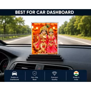 Radha Krishna Acrylic Car Dashboard Showpiece | Double-Sided Radha Krishna Photo Stand | 3 X 4 Inch Photo | Transparent Acrylic Frame With Black Base | Car Dashboard, Office & Table Decor (F71840)