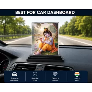 Krishna Acrylic Car Dashboard Showpiece | Double-Sided Krishna Photo Stand | 3 X 4 Inch Photo | Transparent Acrylic Frame With Black Base | Car Dashboard, Office & Table Decor (F71842)