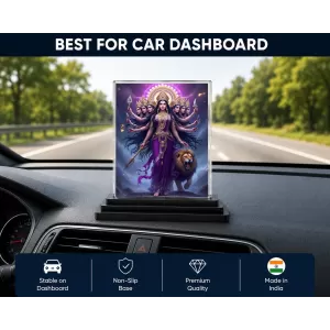 Durga Acrylic Car Dashboard Showpiece | Double-Sided Durga Photo Stand | 3 X 4 Inch Photo | Transparent Acrylic Frame With Black Base | Car Dashboard, Office & Table Decor (F71844)
