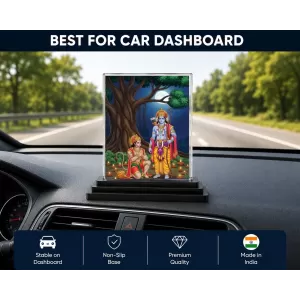 Rama And Hanuman Acrylic Car Dashboard Showpiece | Double-Sided Rama And Hanuman Photo Stand | 3 X 4 Inch Photo | Transparent Acrylic Frame With Black Base | Car Dashboard, Office & Table Decor (F71866)