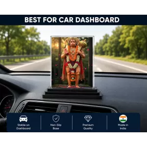 Hanuman Acrylic Car Dashboard Showpiece | Double-Sided Hanuman Photo Stand | 3 X 4 Inch Photo | Transparent Acrylic Frame With Black Base | Car Dashboard, Office & Table Decor (F71871)