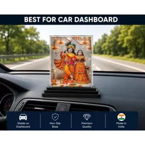 Radha Krishna Acrylic Car Dashboard Showpiece | Double-Sided Radha Krishna Photo Stand | 3 X 4 Inch Photo | Transparent Acrylic Frame With Black Base | Car Dashboard, Office & Table Decor (F71883)