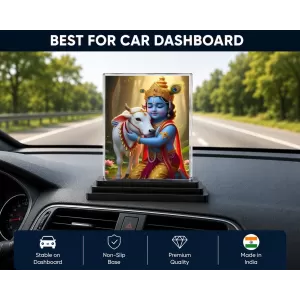 Krishna Acrylic Car Dashboard Showpiece | Double-Sided Krishna Photo Stand | 3 X 4 Inch Photo | Transparent Acrylic Frame With Black Base | Car Dashboard, Office & Table Decor (F71885)