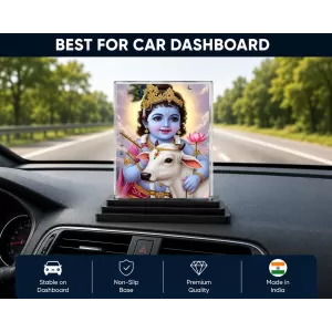 Krishna Acrylic Car Dashboard Showpiece | Double-Sided Krishna Photo Stand | 3 X 4 Inch Photo | Transparent Acrylic Frame With Black Base | Car Dashboard, Office & Table Decor (F71886)