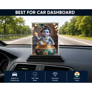 Krishna Acrylic Car Dashboard Showpiece | Double-Sided Krishna Photo Stand | 3 X 4 Inch Photo | Transparent Acrylic Frame With Black Base | Car Dashboard, Office & Table Decor (F71888)
