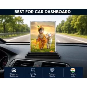 Krishna Acrylic Car Dashboard Showpiece | Double-Sided Krishna Photo Stand | 3 X 4 Inch Photo | Transparent Acrylic Frame With Black Base | Car Dashboard, Office & Table Decor (F71895)