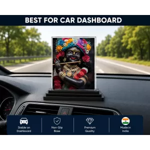 Krishna Acrylic Car Dashboard Showpiece | Double-Sided Krishna Photo Stand | 3 X 4 Inch Photo | Transparent Acrylic Frame With Black Base | Car Dashboard, Office & Table Decor (F71911)