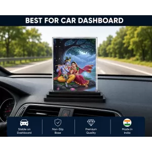 Krishna Acrylic Car Dashboard Showpiece | Double-Sided Krishna Photo Stand | 3 X 4 Inch Photo | Transparent Acrylic Frame With Black Base | Car Dashboard, Office & Table Decor (F71920)