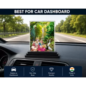 Krishna And Radha Acrylic Car Dashboard Showpiece | Double-Sided Krishna And Radha Photo Stand | 3 X 4 Inch Photo | Transparent Acrylic Frame With Black Base | Car Dashboard, Office & Table Decor (F71925)