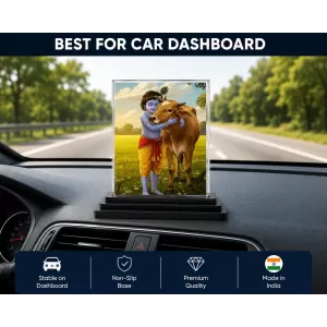 Krishna Acrylic Car Dashboard Showpiece | Double-Sided Krishna Photo Stand | 3 X 4 Inch Photo | Transparent Acrylic Frame With Black Base | Car Dashboard, Office & Table Decor (F71929)
