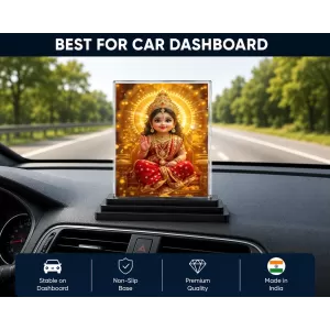 Lakshmi Acrylic Car Dashboard Showpiece | Double-Sided Lakshmi Photo Stand | 3 X 4 Inch Photo | Transparent Acrylic Frame With Black Base | Car Dashboard, Office & Table Decor (F71933)