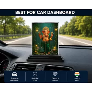 Ganesha Acrylic Car Dashboard Showpiece | Double-Sided Ganesha Photo Stand | 3 X 4 Inch Photo | Transparent Acrylic Frame With Black Base | Car Dashboard, Office & Table Decor (F71941)