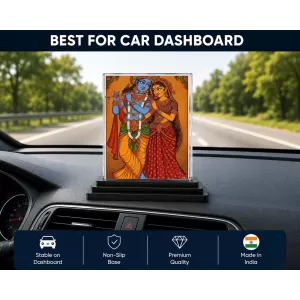 Krishna And Radha Acrylic Car Dashboard Showpiece | Double-Sided Krishna And Radha Photo Stand | 3 X 4 Inch Photo | Transparent Acrylic Frame With Black Base | Car Dashboard, Office & Table Decor (F71962)