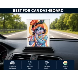 Krishna Acrylic Car Dashboard Showpiece | Double-Sided Krishna Photo Stand | 3 X 4 Inch Photo | Transparent Acrylic Frame With Black Base | Car Dashboard, Office & Table Decor (F71963)